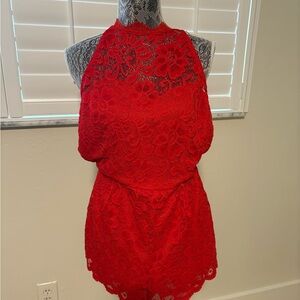 Red Lace Halter Romper